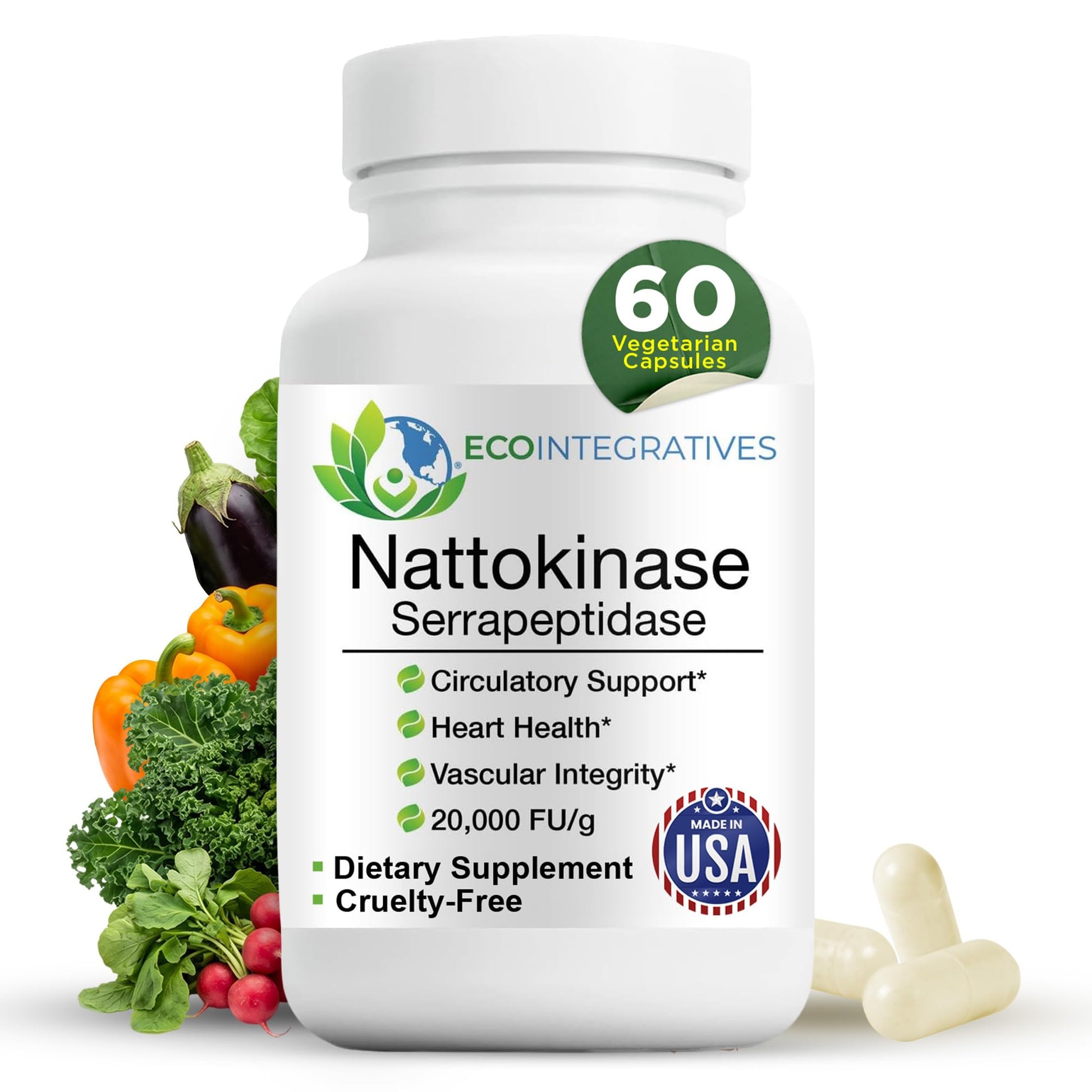 EcoIntegratives Nattokinase Serrapeptidase – with Nattokinase (20,000 FU/g) + Rutin 60 Capsules