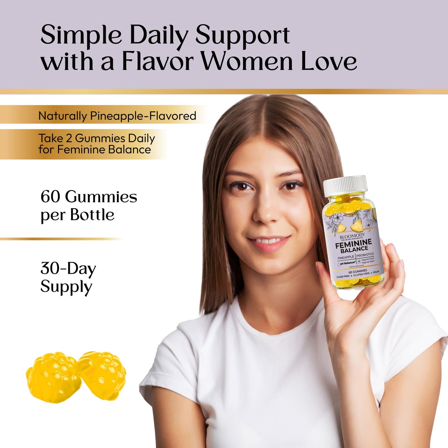 Bloomody Probiotic Feminine Balance Gummies for Women - pH Balance & Vaginal Health Support with Cranberry Vitamin C, Natural Pineapple Flavor, 60 Gummies