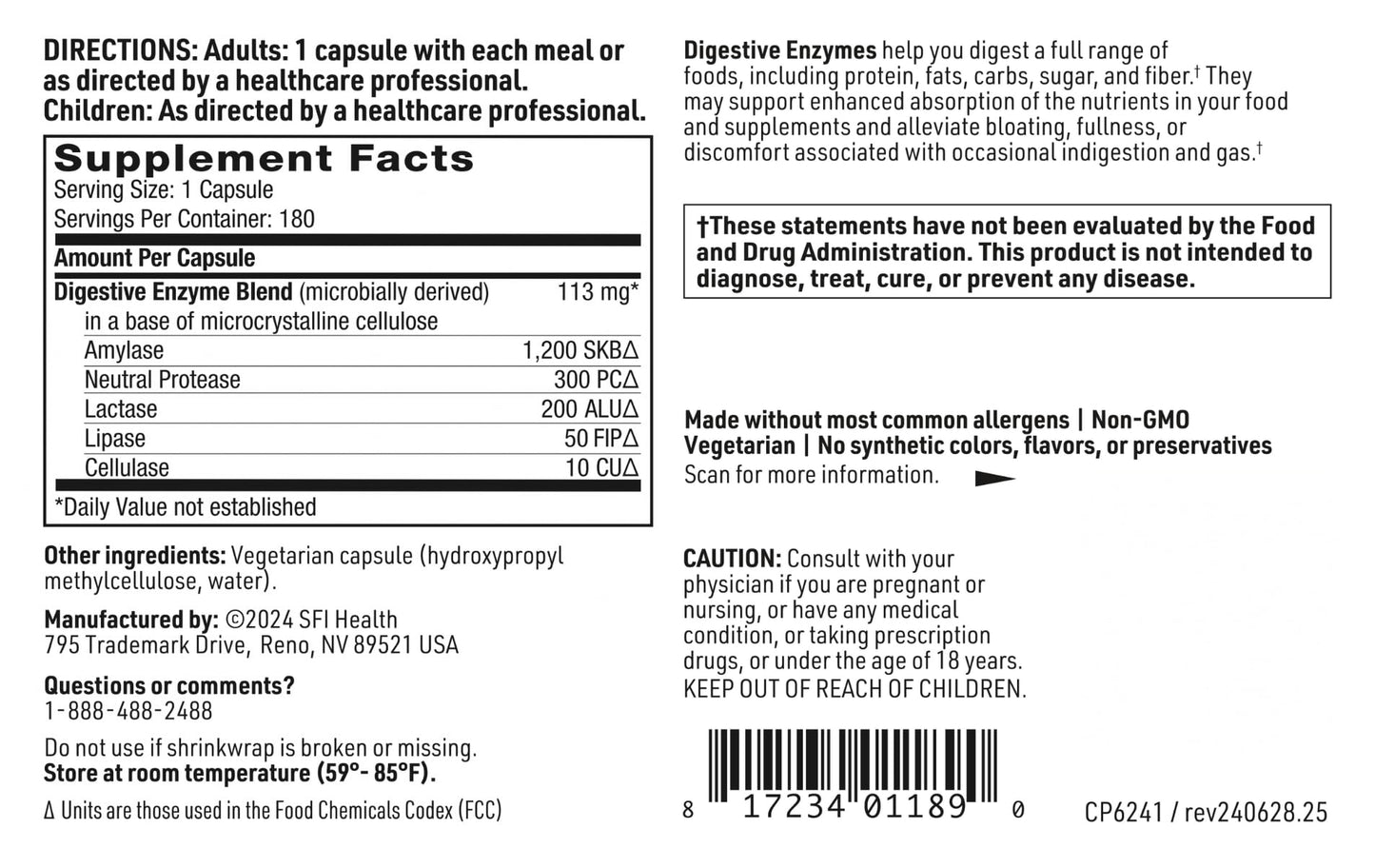 SFI Health Digestive Enzymes 180 Capsules