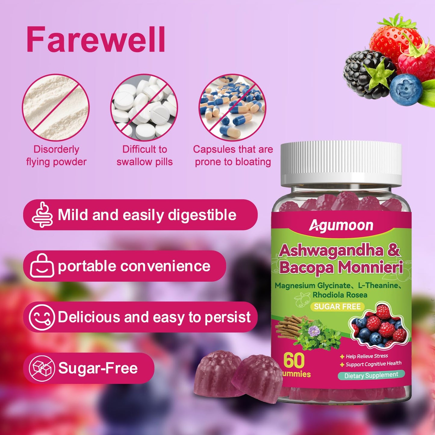 Agumoon Bacopa Monnieri Gummies & Ashwagandha for Kids & Adults Gentle Organic GMP, Gummy, 60 Count