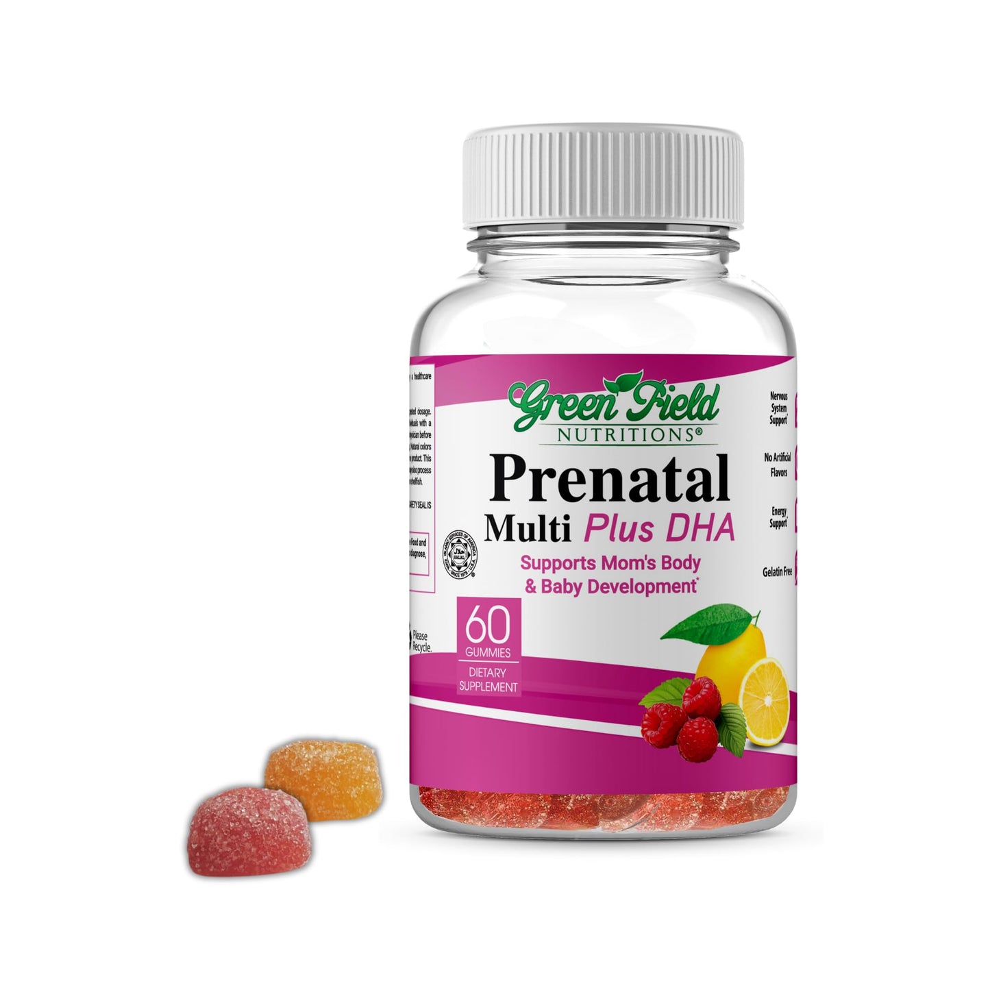 GREEN FIELD NUTRITIONS Halal Prenatal Gummies with DHA and Folic Acid - Essential Prenatal Pregnancy Multivitamin, 60 Count