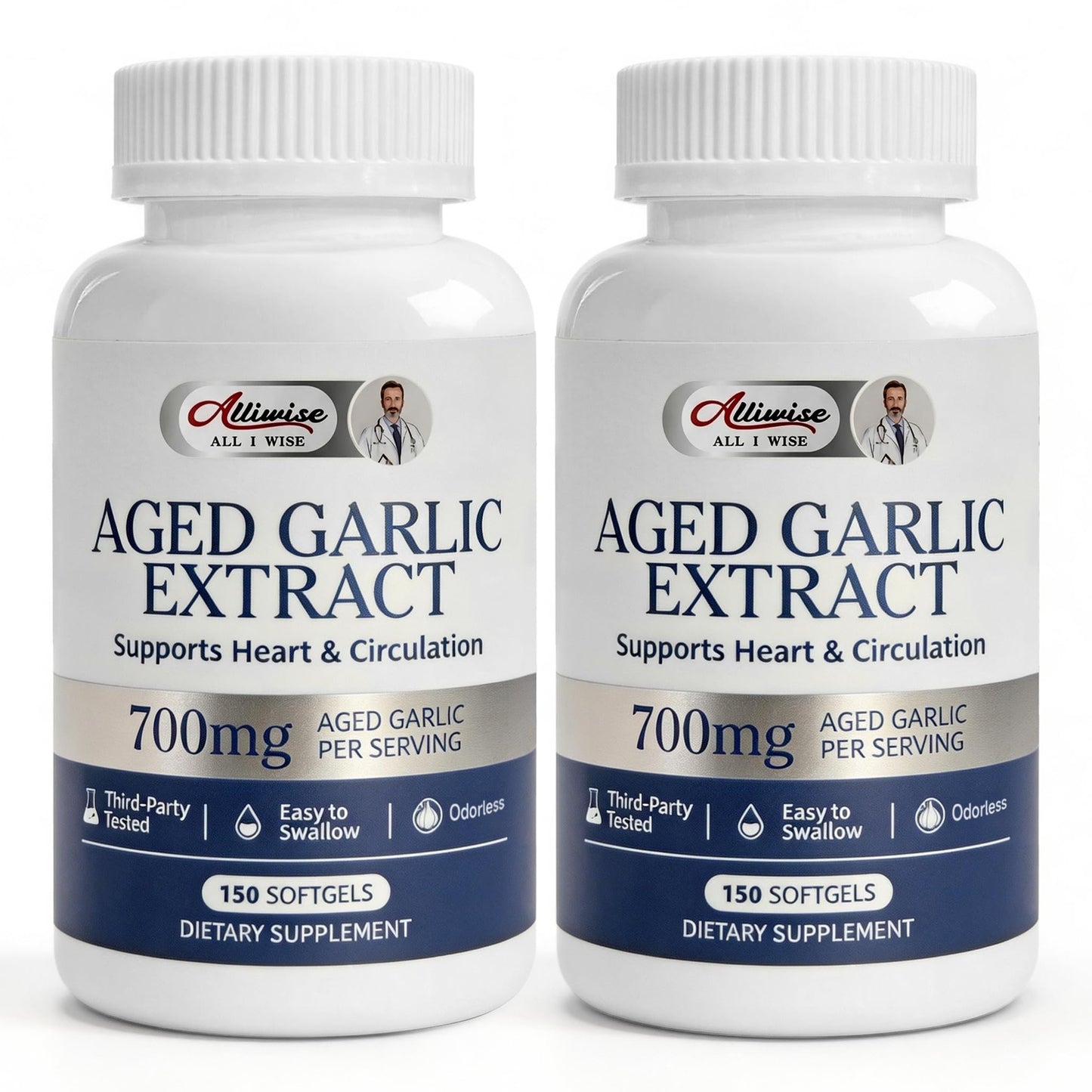Alliwise Aged Black Garlic Extract 700mg with Vitamin D3 & K2 Odorless Softgels, 300 Softgels