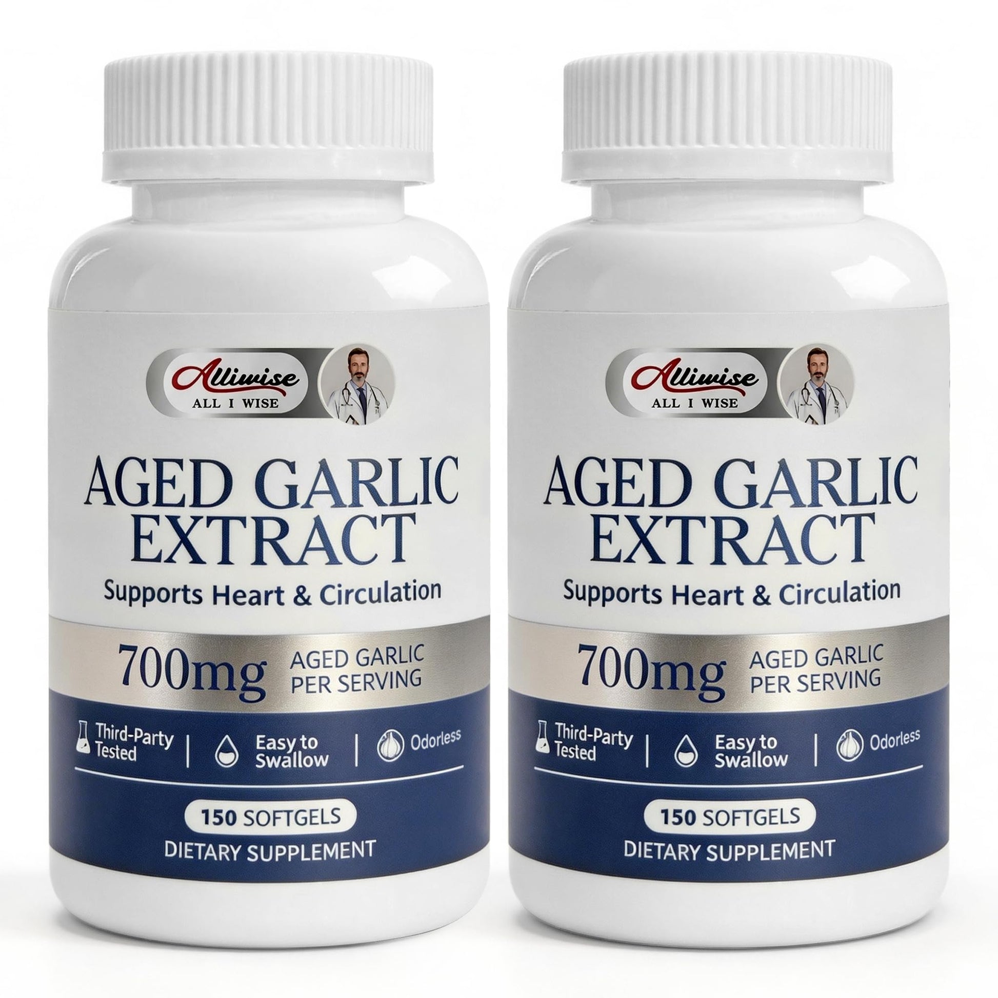 Alliwise Aged Black Garlic Extract 700mg with Vitamin D3 & K2 Odorless Softgels, 300 Softgels