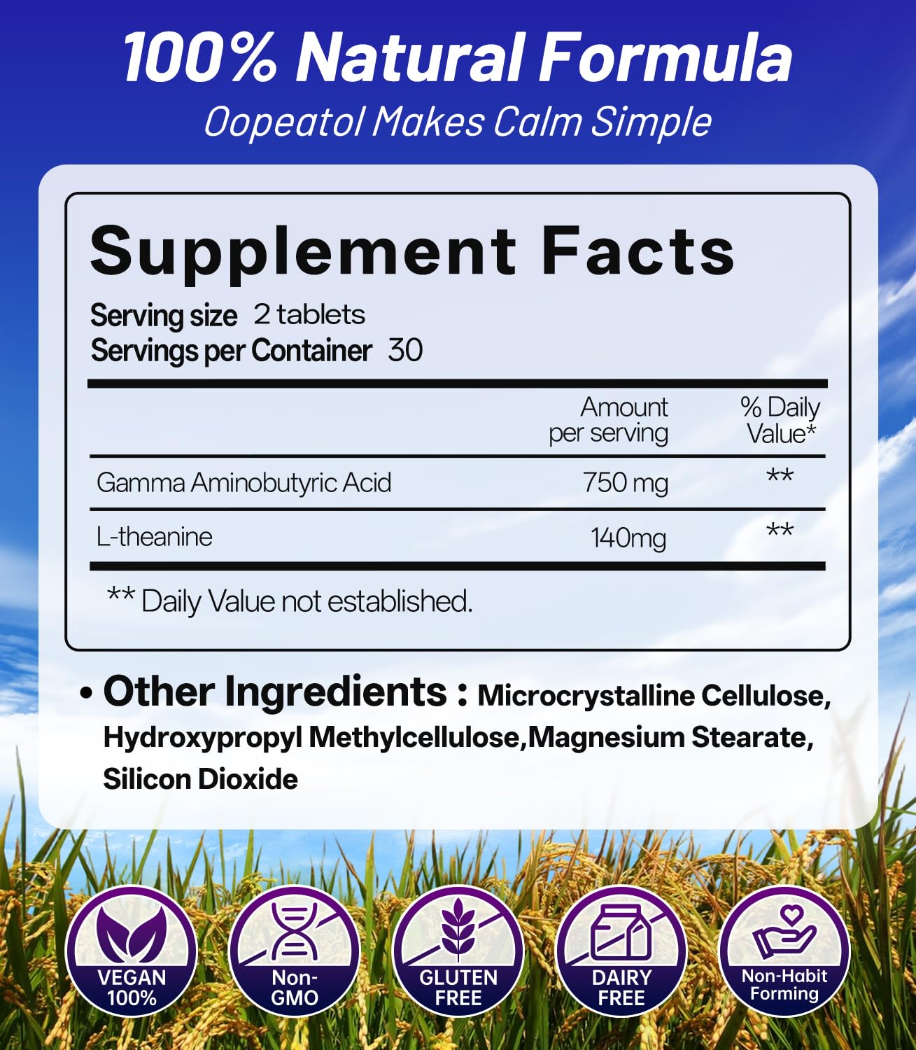 Oopeatol 890mg GABA Complex L-Theanine Supplements, 60 Tablets