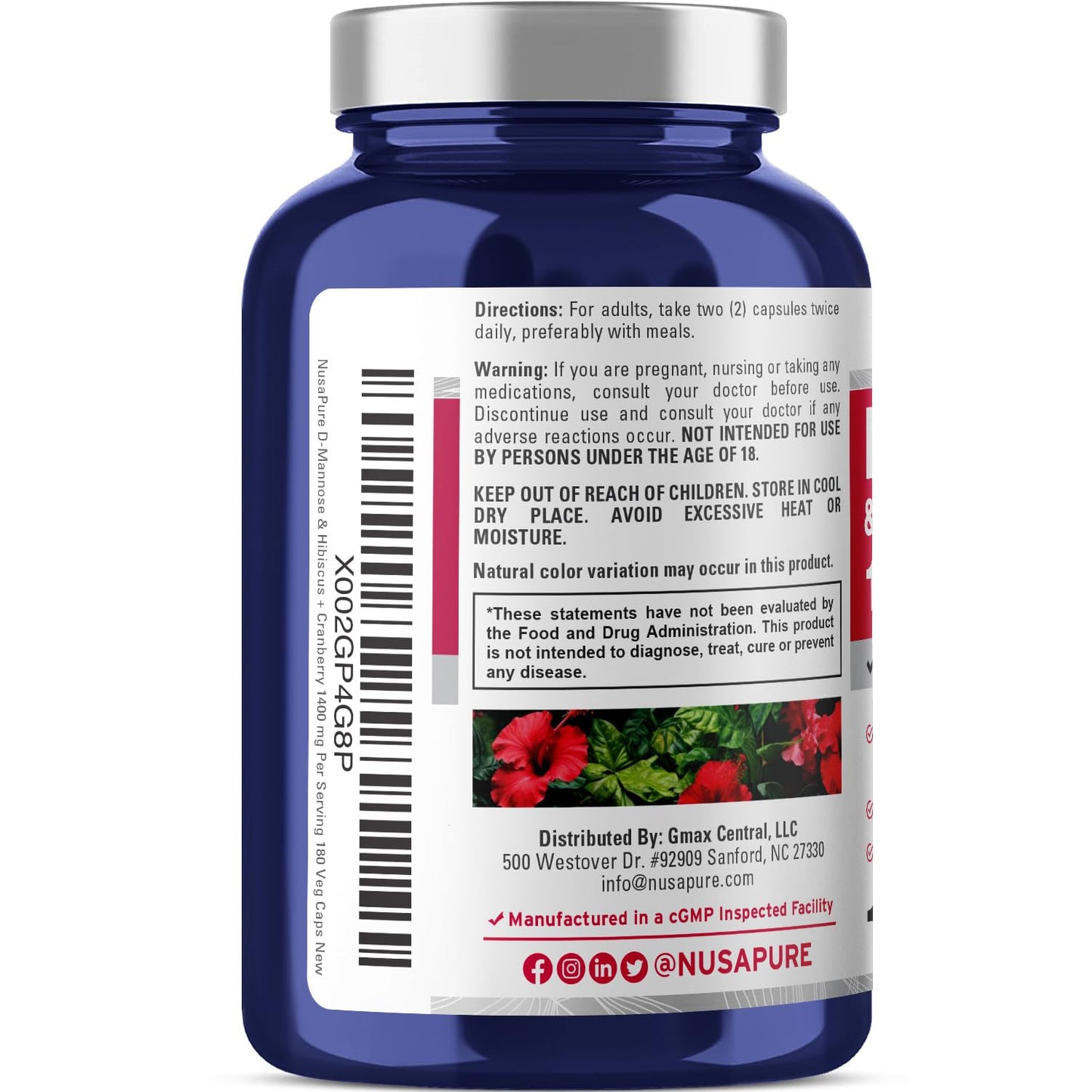 NusaPure D-Mannose, Hibiscus & Cranberry, Vegan, 1400mg, 180 Capsules