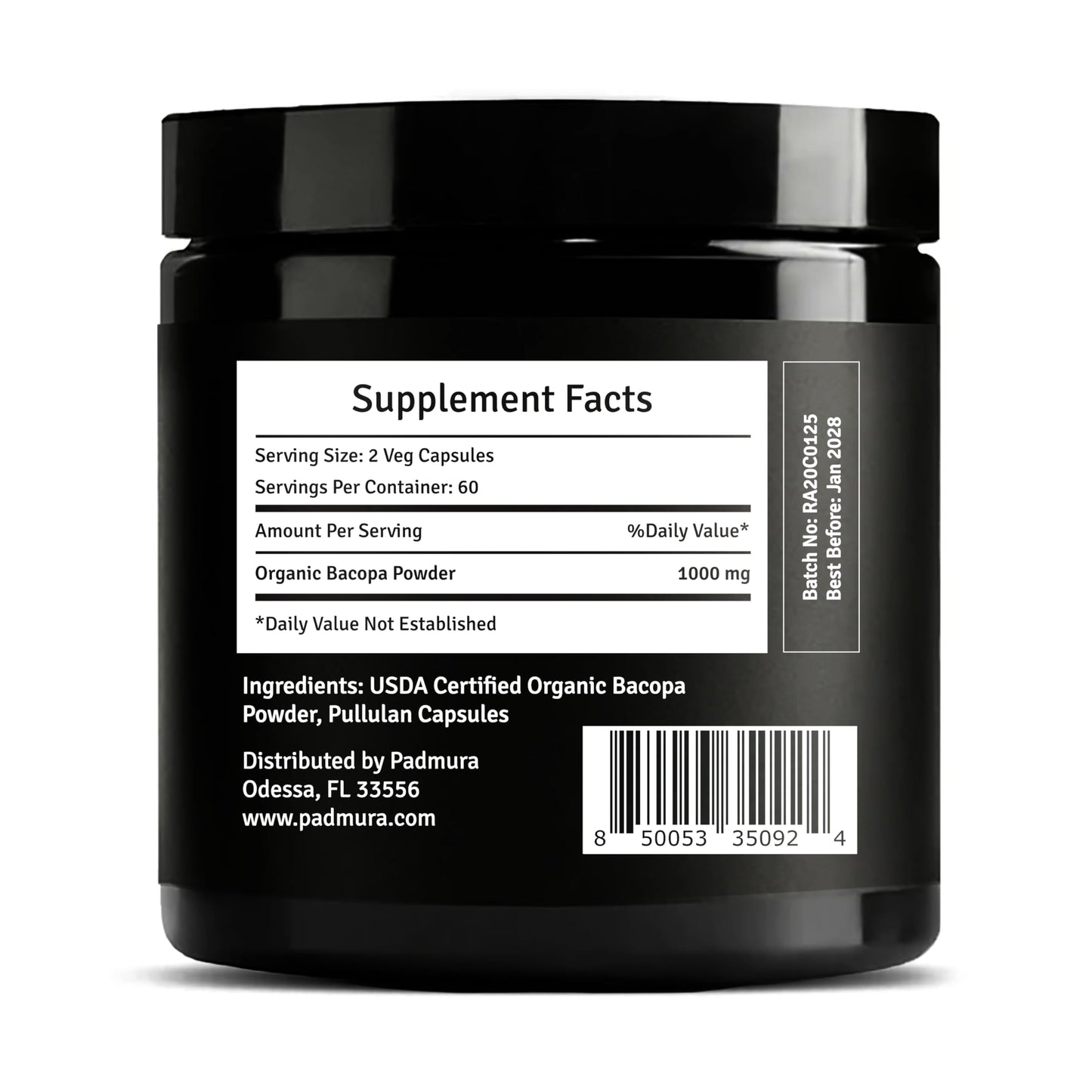 PADMURA Organic Bacopa Monnieri Leaf Powder Capsules, 120 Capsules