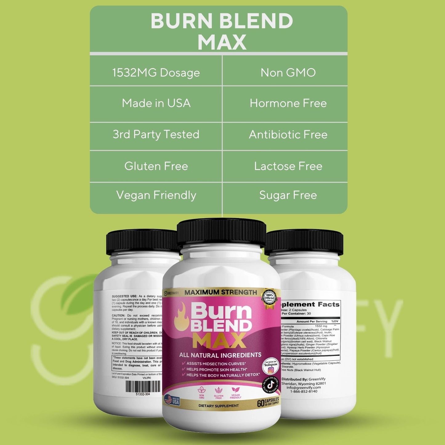 GREENVIFY Burn Blend Max Premium Thermogenic Energy and Fat Oxidation Formula, 60 Capsules