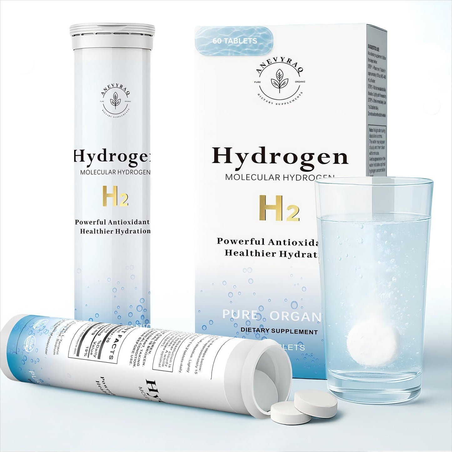 ANEVYRAQ Hydrogen Water Tablets with Magnesium – 8 PPM H2 Molecular Hydrogen for Drinking Water – Antioxidant Formula for Energy, Recovery & Cognitive Support – Unflavored, 60 Tablets