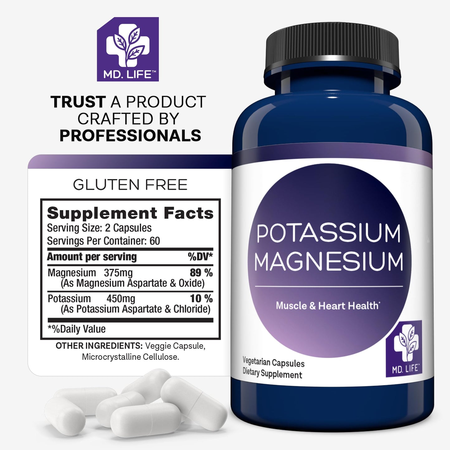 MD.LIFE Potassium Magnesium Supplement High Absorption Magnesium Complex Capsules 30 Count