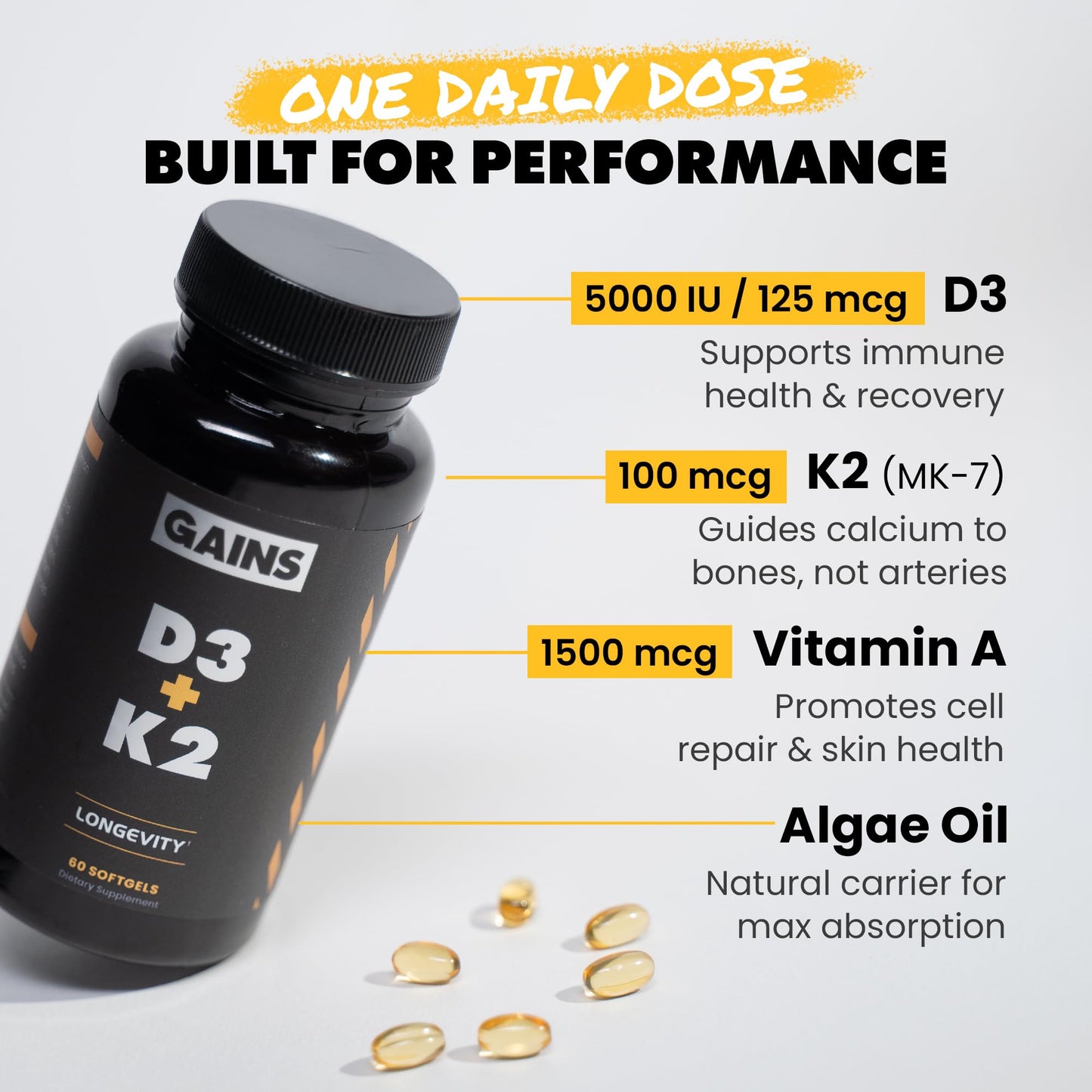 Gains in Bulk D3 K2 Supplement Softgels 6 Count