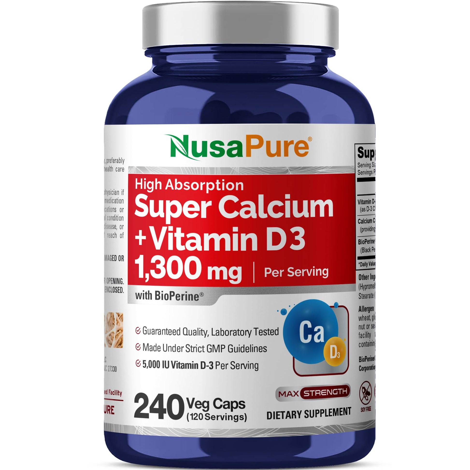 NusaPure Super Calcium with Vitamin D3 Non GMO 1300 mg, 240 Capsules