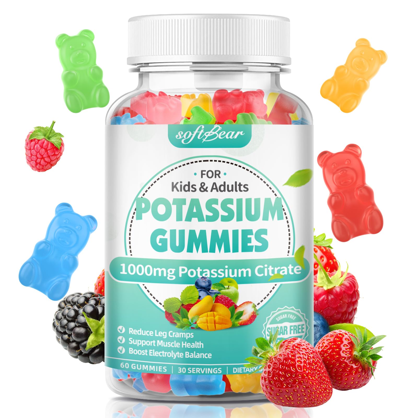 Softbear Potassium Citrate Gummies, 1000mg, High Potency, Supports Leg Cramps & Muscle Health, 60 Count