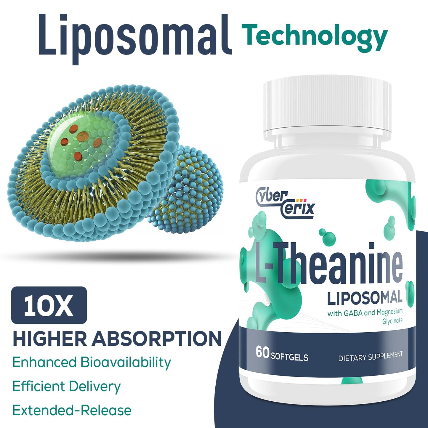 CyberCerix Liposomal L-Theanine 500mg with GABA 200mg & Magnesium 100mg, 60 Capsules