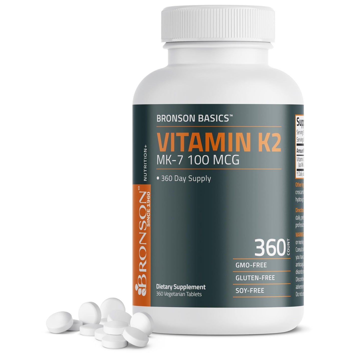 Bronson Vitamin K2 MK-7 100 mcg, K2 as MK7 Menaquinone, Bone Support, 360 Tablets