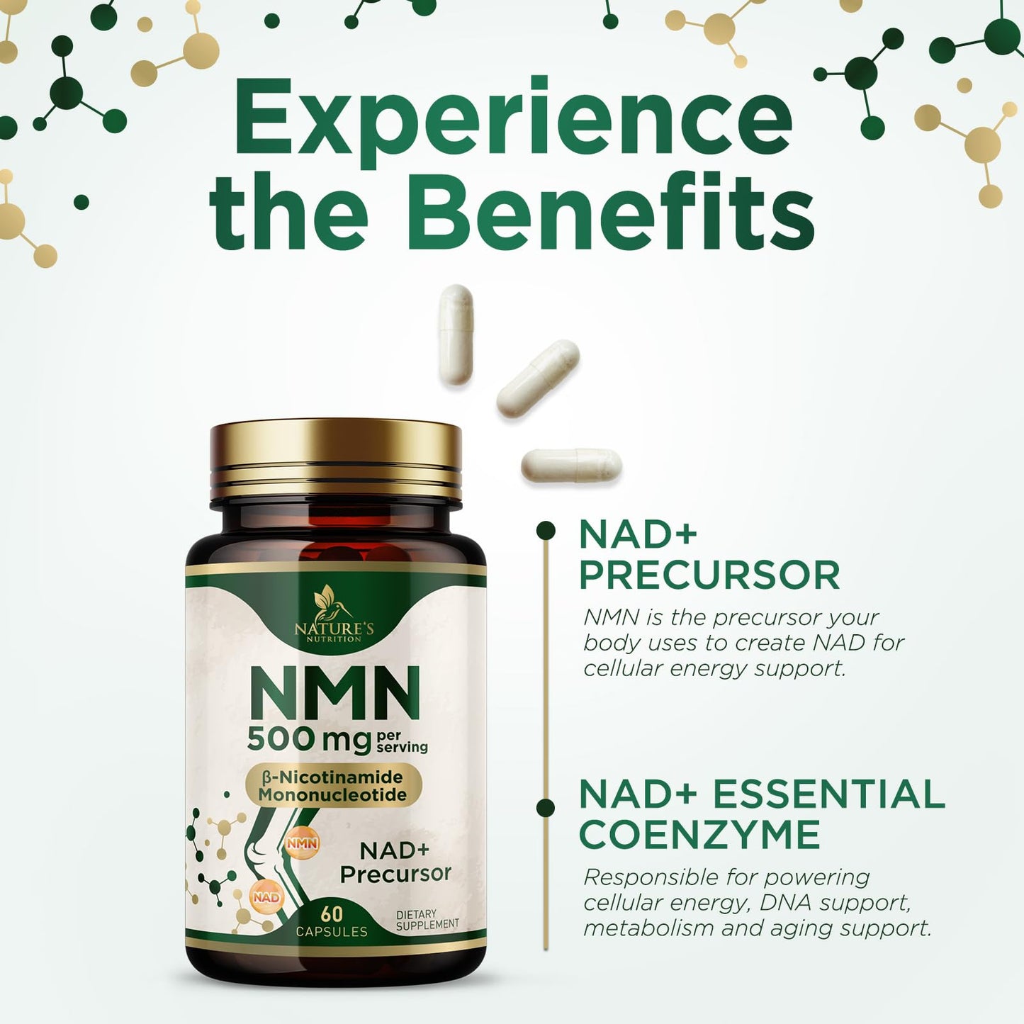 Nature's Nutrition NMN Supplement 500 mg β-Nicotinamide Mononucleotide - NAD+ Precursor - Vegan Capsules, 60 Capsules