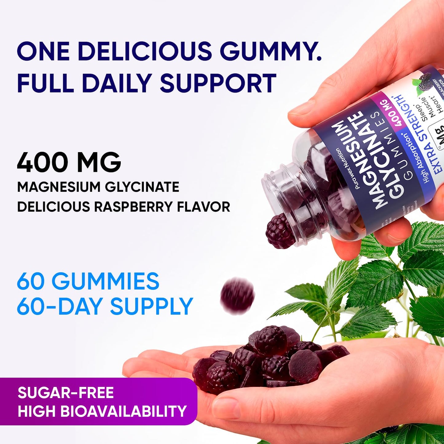 PURA WEX NUTRITION Magnesium Glycinate Gummies 400mg Extra Strength BlackBerry Flavor, 60 Count