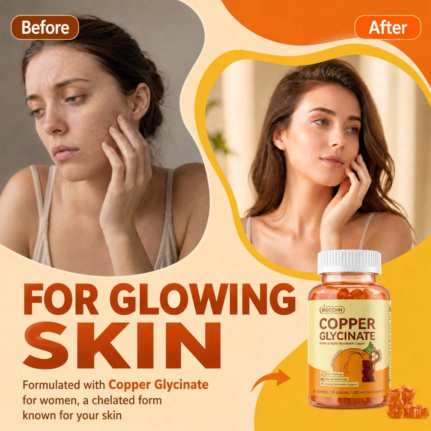 BIOCCHN Copper Gummies Skin & Hair Health, 2mg Chelated Copper Glycinate for Women, 60 Count
