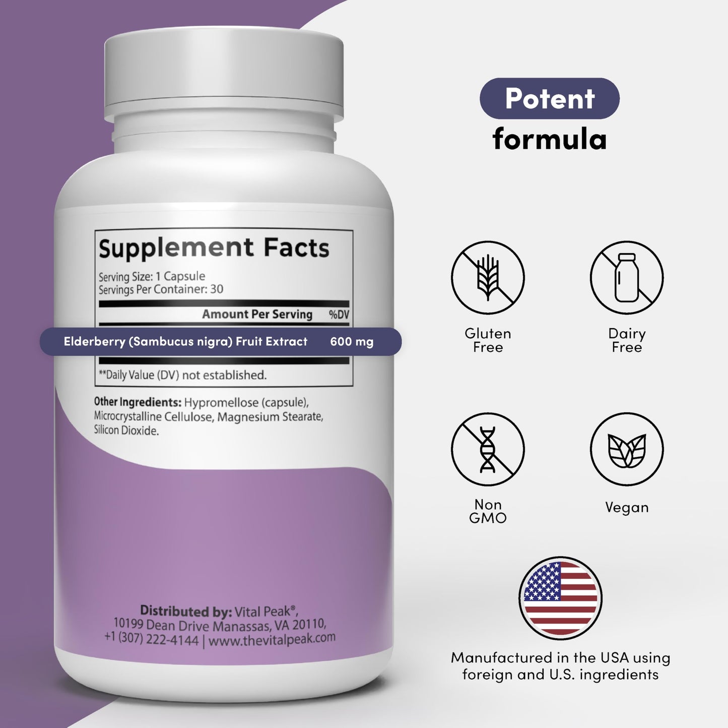 Vital Peak Elderberry Peak 600 mg Capsules 30 Count
