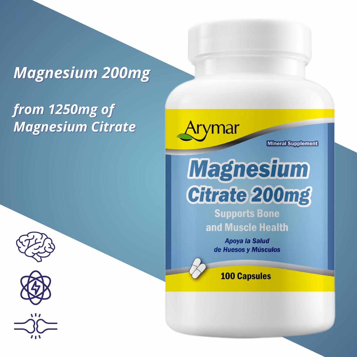 Arymar Magnesium Citrate 1250mg High Potency Magnesium Supplement, Capsule, 100 Capsules