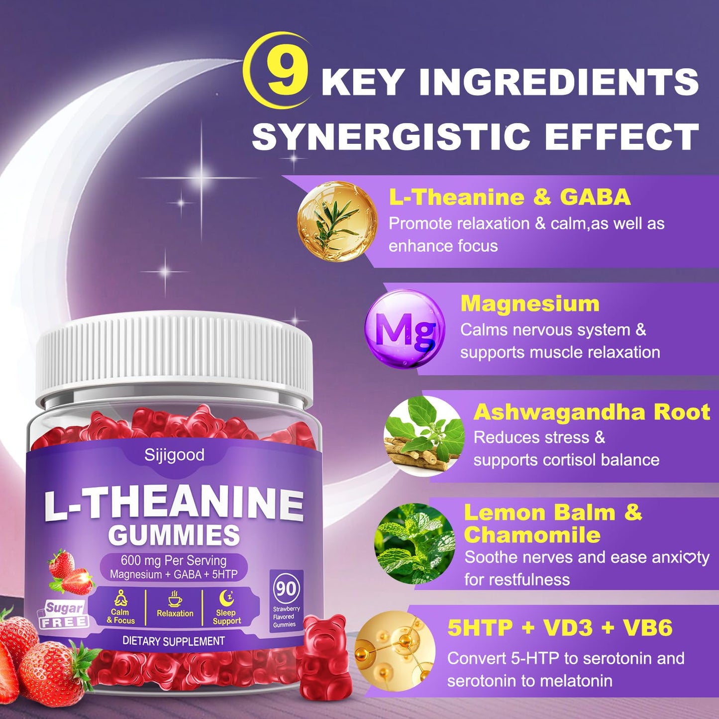 Sijigood L-Theanine Gummies with Ashwagandha, GABA & 5HTP, 180 Gummies