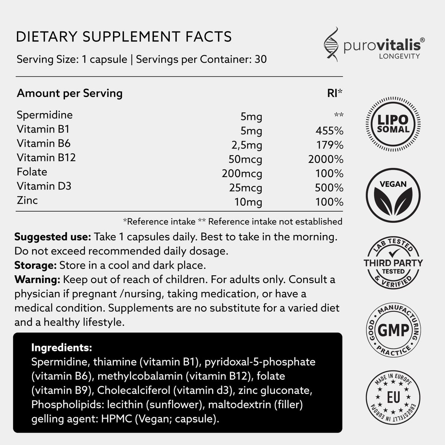 PUROVITALIS Liposomal Spermidine 5mg with Zinc, Vitamin D3 & B12, Cell Renewal & Anti-ageing Supplement, 30 Vegan Capsules
