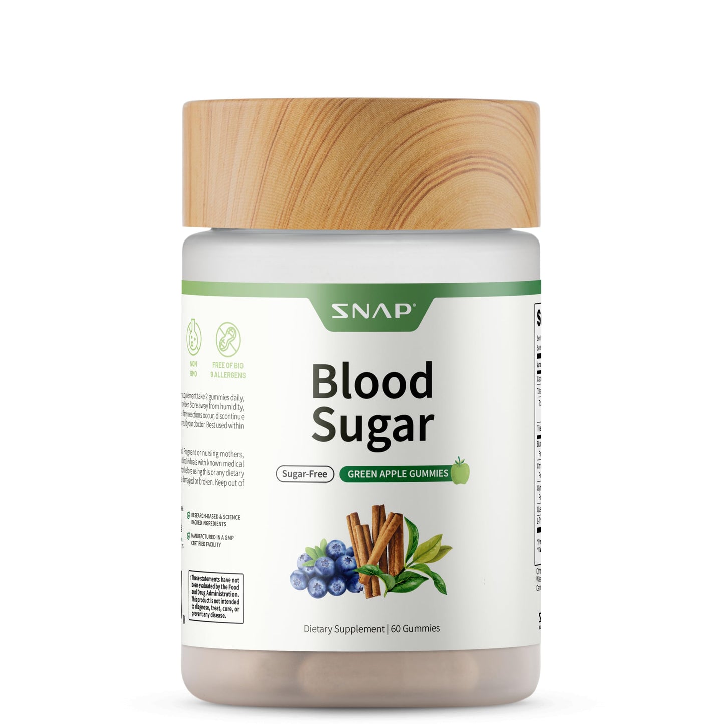 Snap Supplements Blood Sugar Gummies Green Apple 60 Sugar-Free Gummies