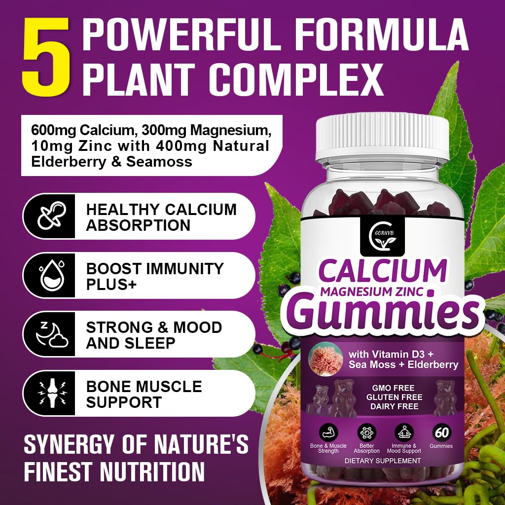 GORNVB Calcium Magnesium Zinc Gummies with Magnesium Glycinate 300mg, Potassium Plant Complex, 2:1 Calcium Magnesium Ratio, D3 Sea Moss, Vegan, 120 Gummies