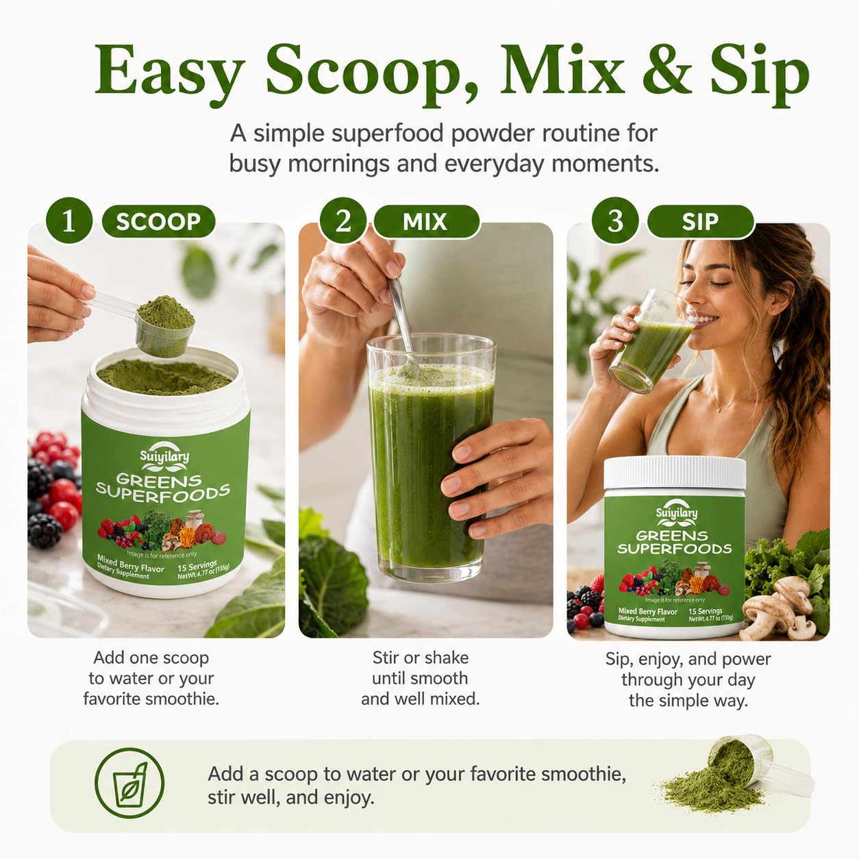 Suiyilary Greens Superfoods Powder for Digestive Health, Spirulina & Chlorella, Mixd Berry, 4.77 oz