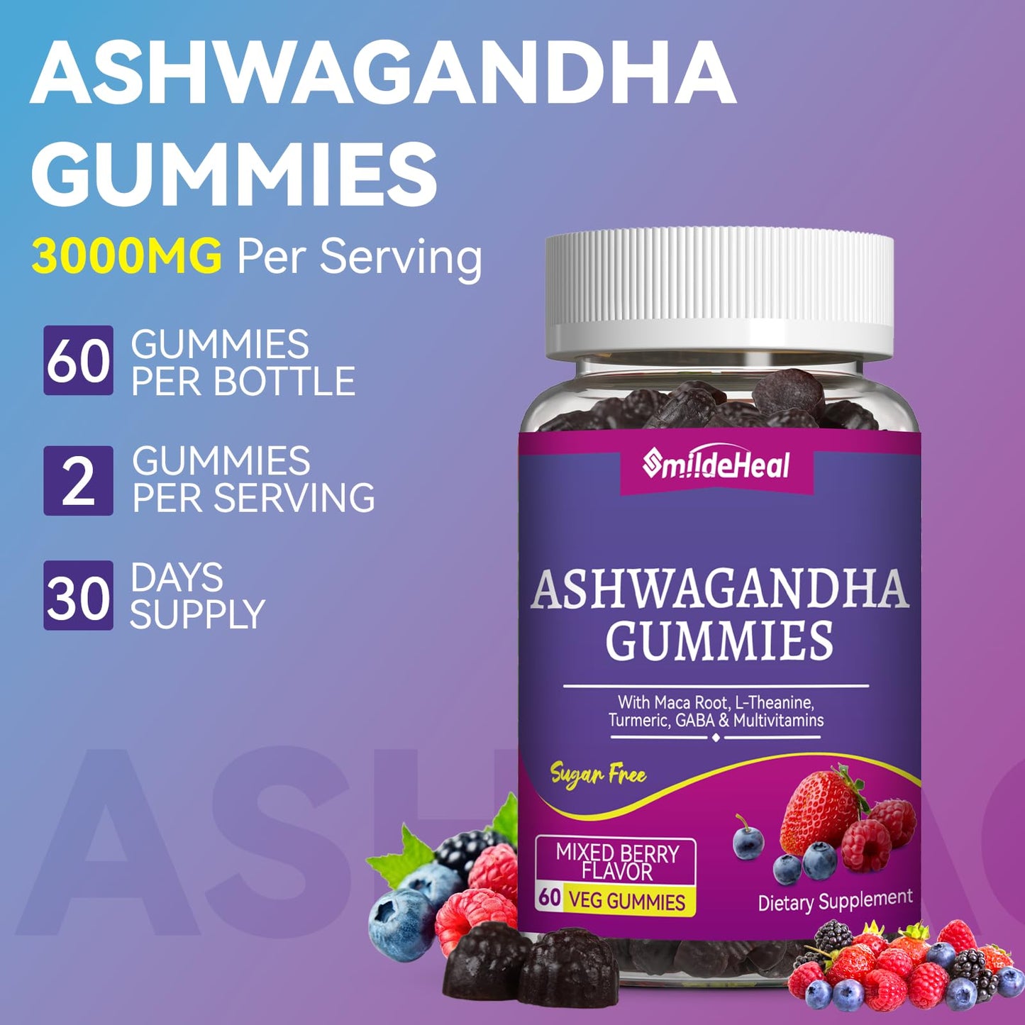 SmildeHeal Ashwagandha Gummies 3000mg for Calm & Stress Relief, 120 Gummies