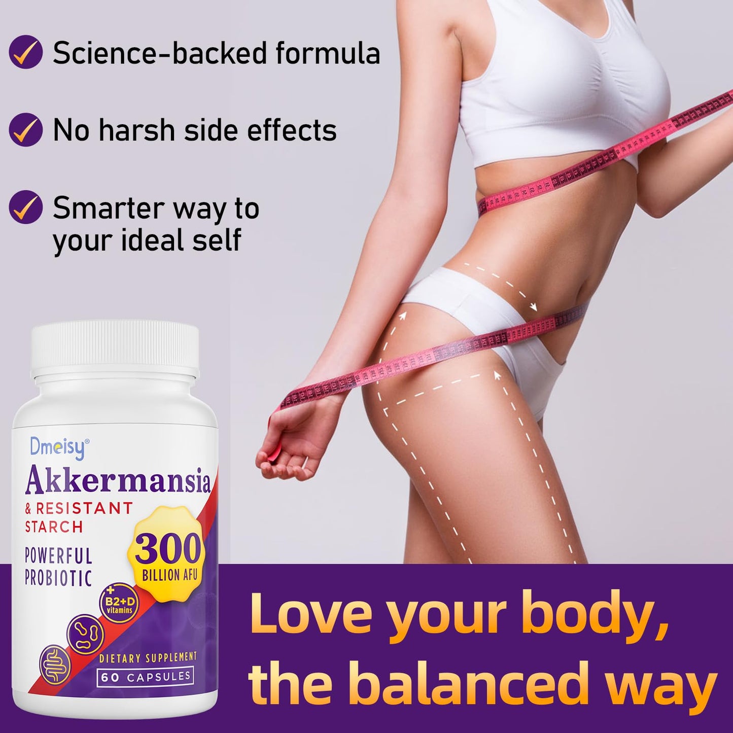 Dmeisy Akkermansia Muciniphila Probiotic Supplement 300 Billion AFU, Digestive Health & Immunity Support, 60 Capsules