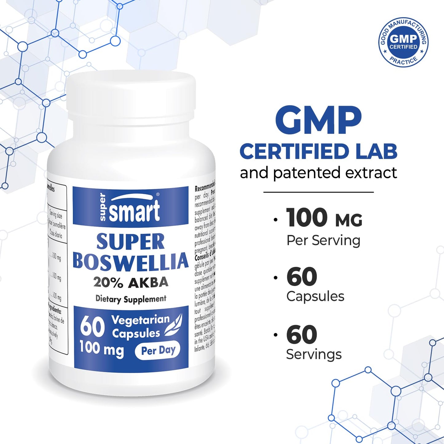 Supersmart Super Boswellia Extract 100mg per Day (Patented & High Strength) ApresFlex Boswellia Serrata Supplement 20% AKBA, Non-GMO & Gluten Free, 60 Vegetarian Capsules