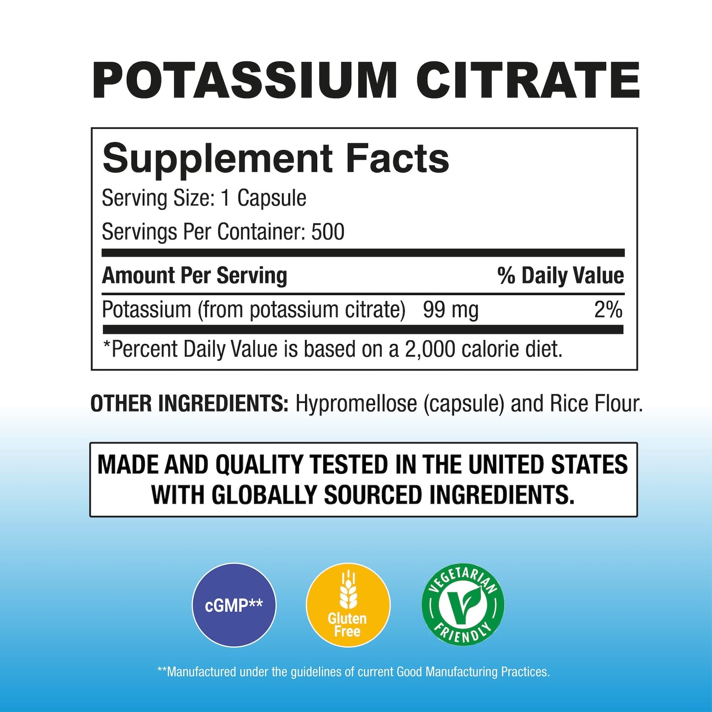P Puregen Labs Potassium Citrate 99 mg Elemental Potassium Supplement Capsules, 500 Count