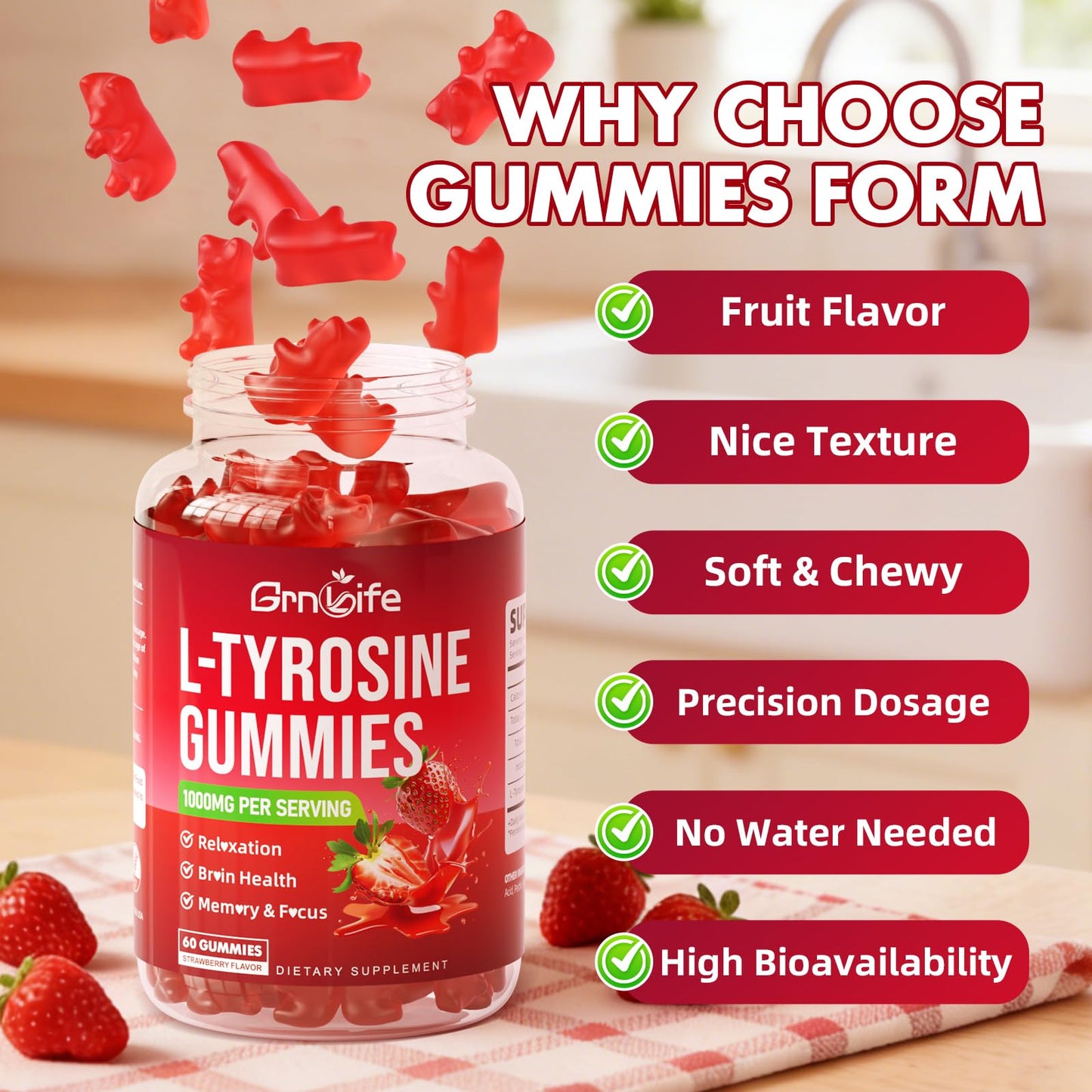 GrnLife L Tyrosine Gummies 1000mg, 60 Count