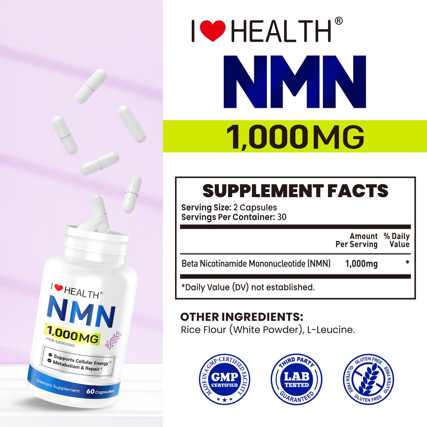 I LOVE HEALTH NMN 1000mg Nicotinamide Mononucleotide NAD+ Support, 60 Capsules