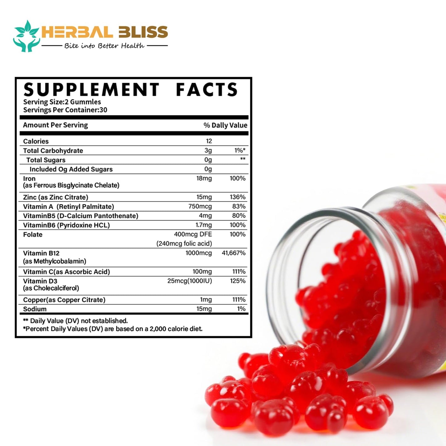 Herbal Bliss Iron Bisglycinate Gummies 60 Count