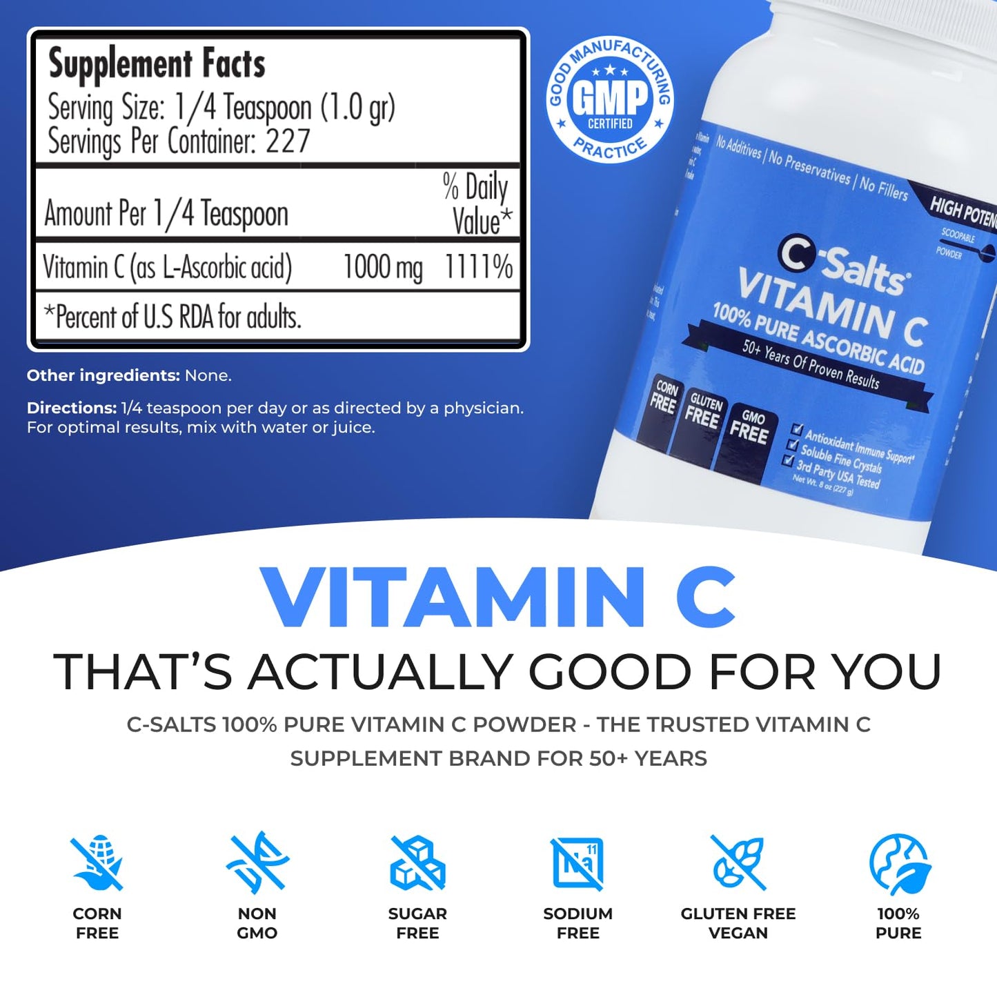 C-Salts Ascorbic Acid Powder 1000mg - Vitamin C Supplement, 8 oz