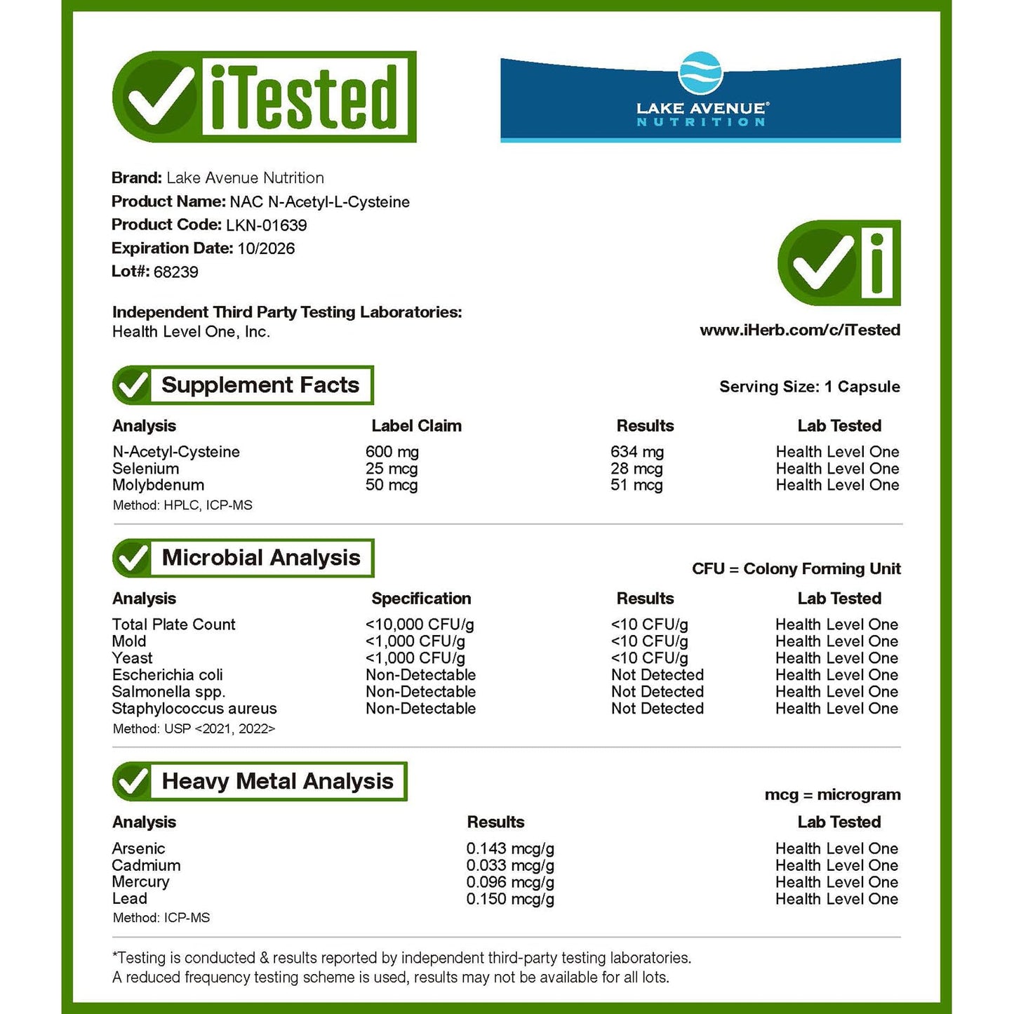 Lake Avenue N-Acetyl-L-Cysteine 600 mg Capsules, 120 Veggie Capsules
