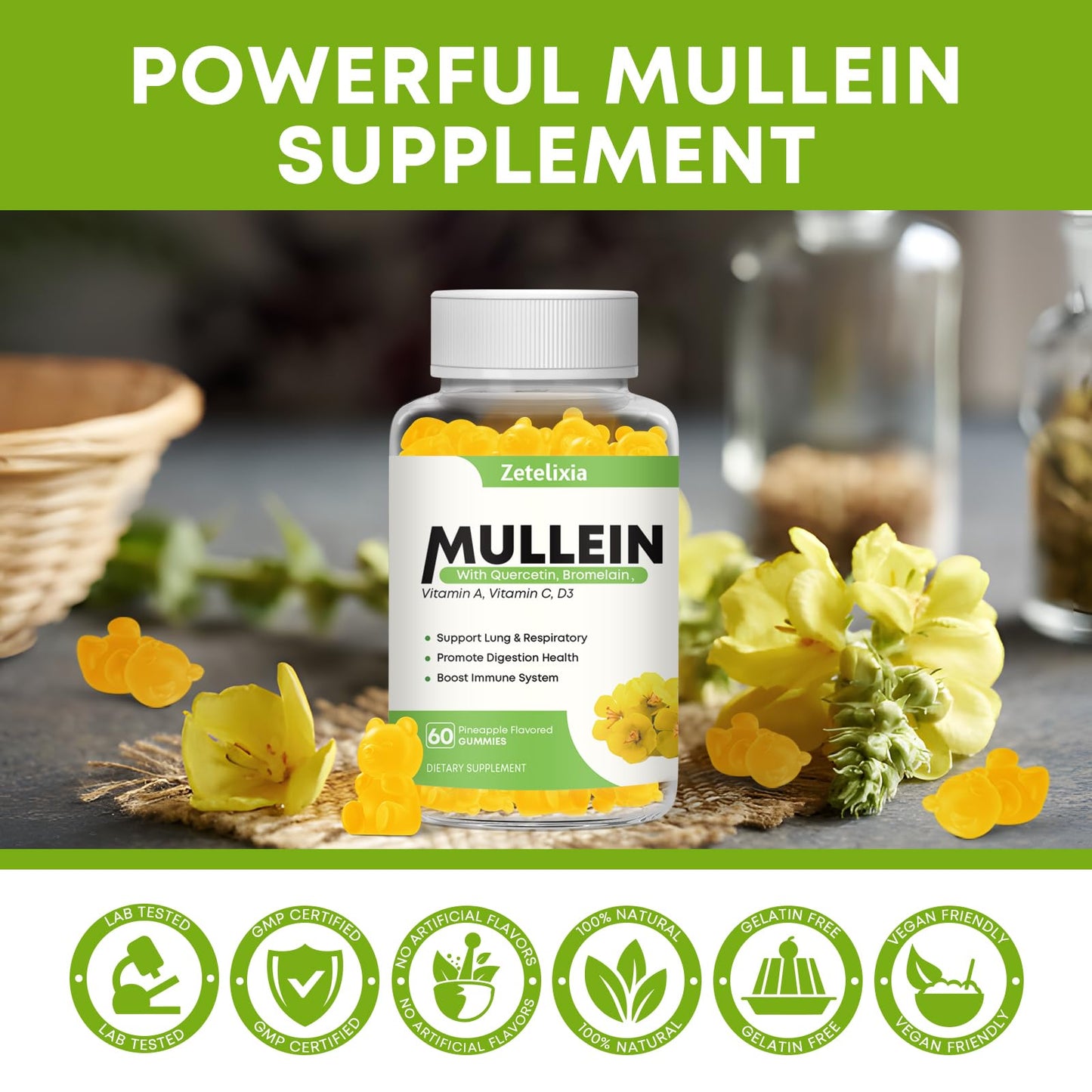 Zetelixia Mullein Gummies for Clear Lungs, 10 in 1 Mullein Leaf Extract for Lungs, Mullein Quercetin Gummies, Pineapple Flavor, 120 Gummies