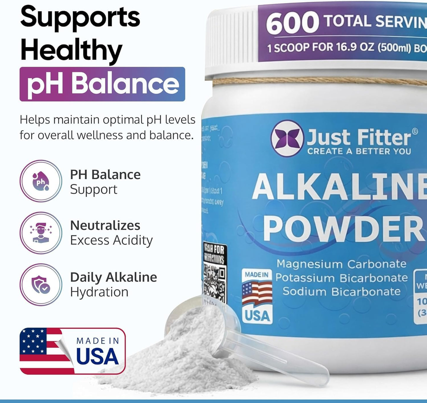 Just Fitter pH Balance Kit – Alkaline Mineral Blend for Hydration & pH Focused Lifestyles + pH Test Strips for Urine & Saliva, Powder, 11 oz