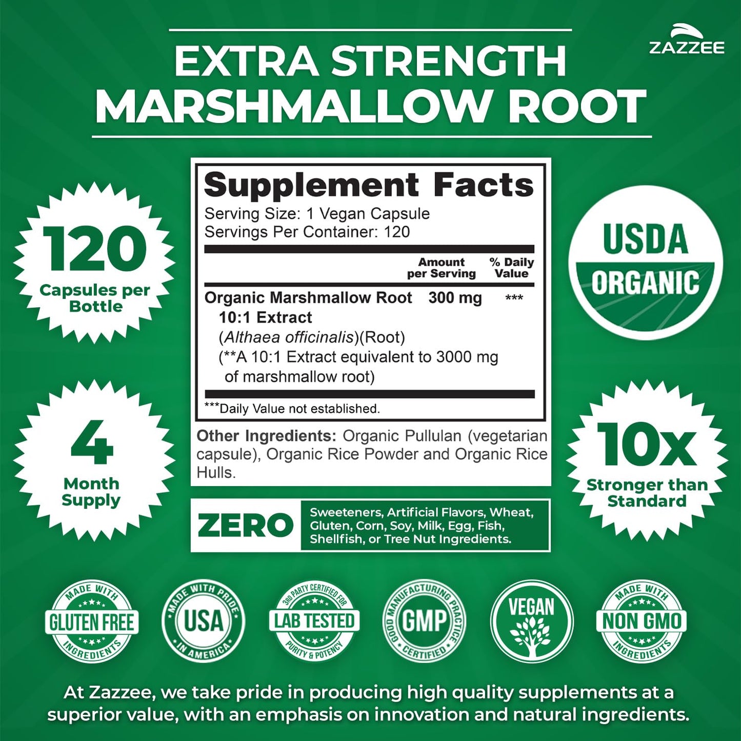 Zazzee Marshmallow Root 10:1 Extract Capsules, 120 Count