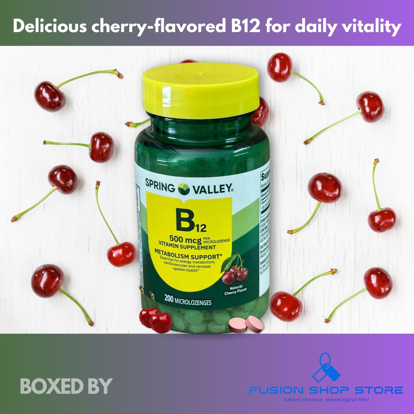 Fusion Shop Store Vitamin B12 500 mcg Sublingual Cherry Flavor Microlozenges, 200 Count