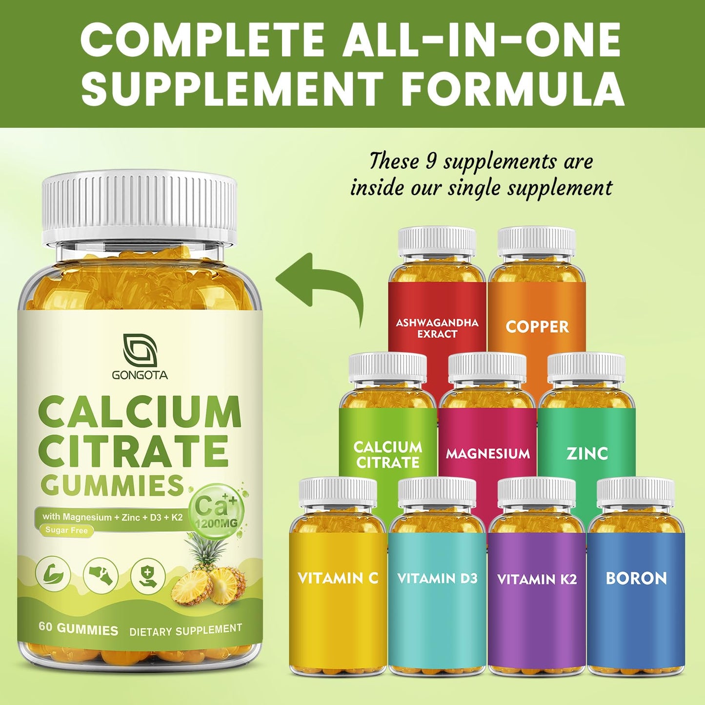 GONGOTA Calcium Citrate 1200mg with Vitamin D3 Gummies for Women, Sugar Free Pineapple Flavor, 60 Gummies