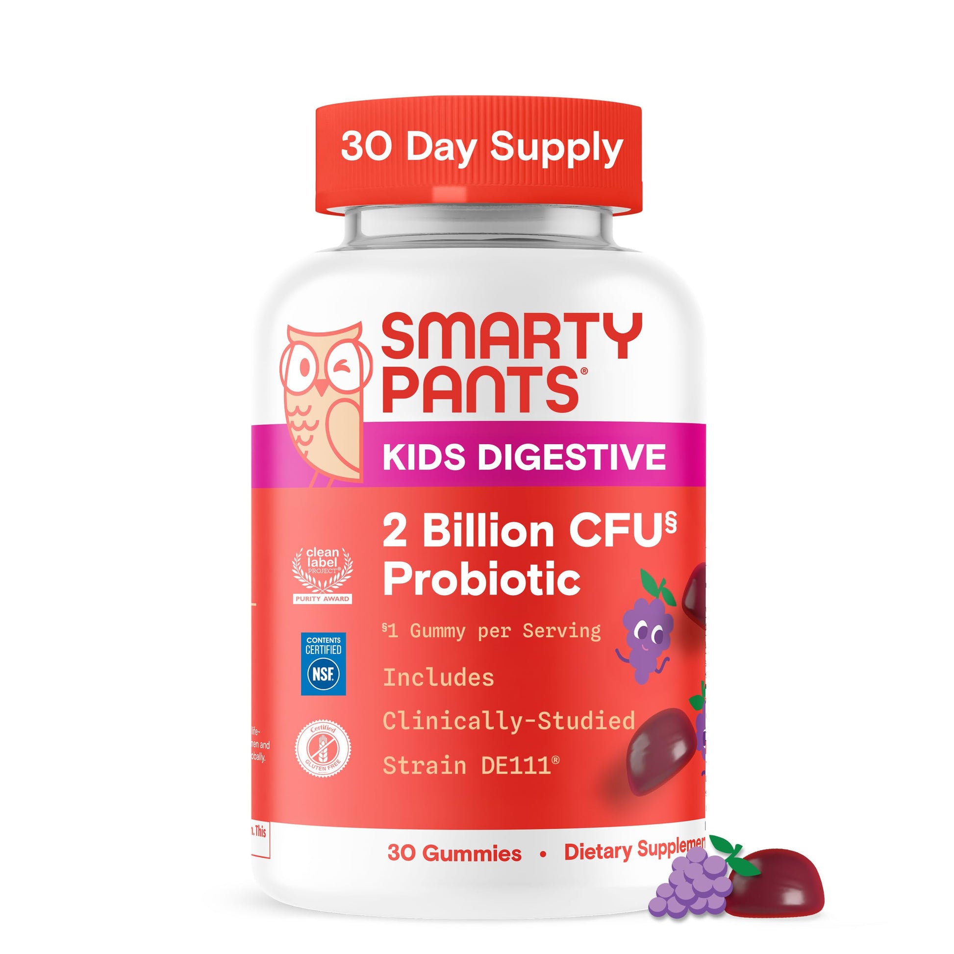 SmartyPants Kids Probiotic Gummies for Digestive Health 2 Billion CFU Gut Health and Immune Support, Clinically Studied Probiotic, Gluten Free, Grape, 1 Count