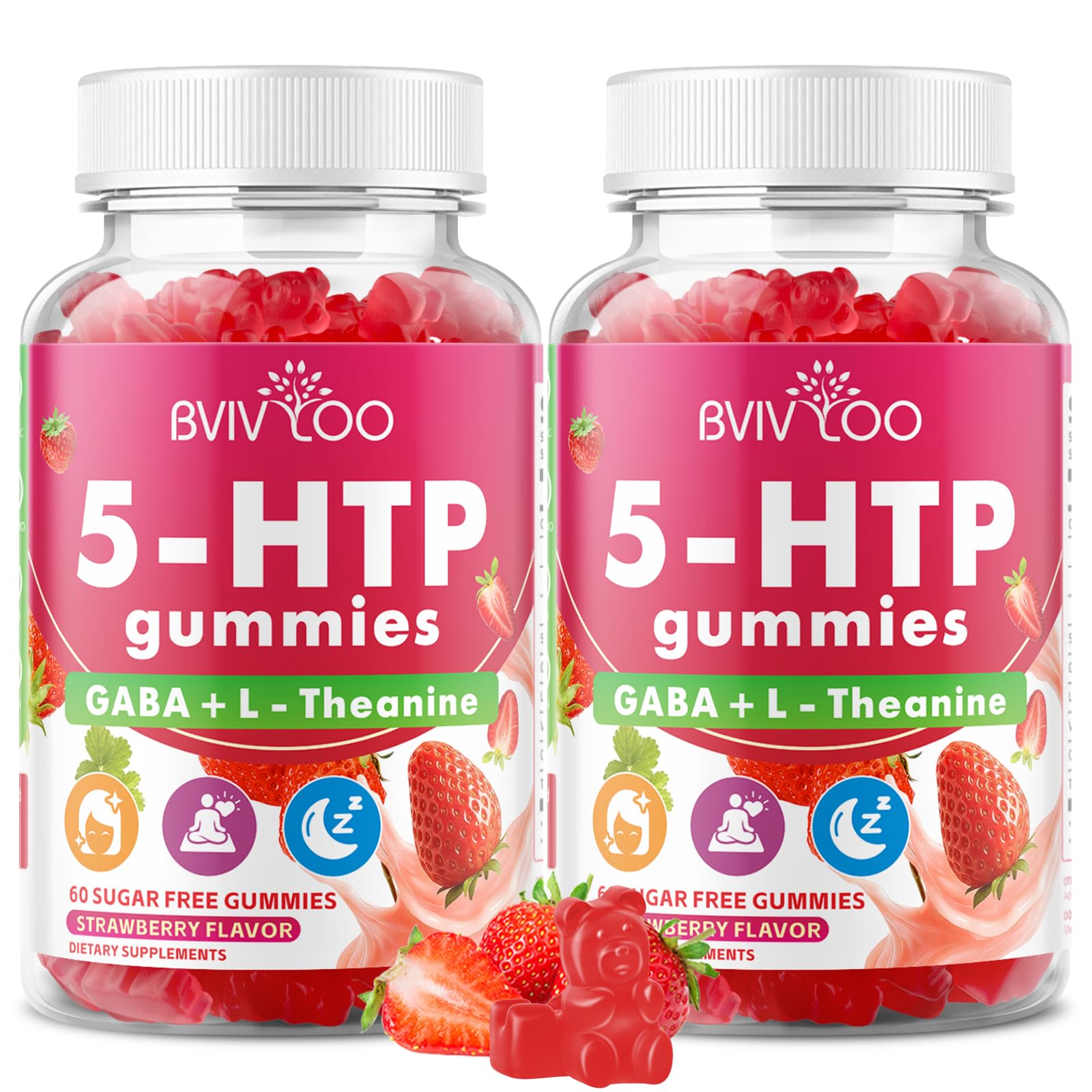 BVIVLOO 5-HTP Gummies + GABA - L-Theanine, Vitamin D3, Circadian Rhythm for Adults, Strawberry Flavor, 60 Gummies