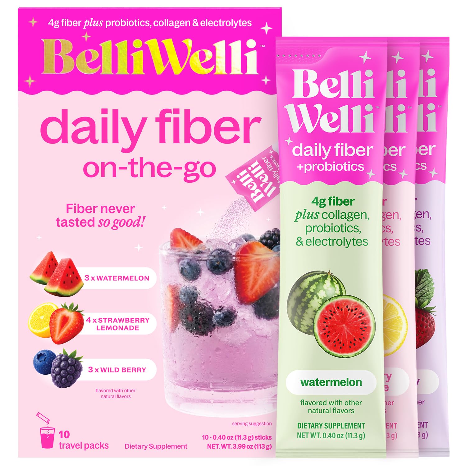 Belli Welli Daily Fiber Supplement Packets with Collagen, Probiotics & Electrolytes Powder, 10 Count
