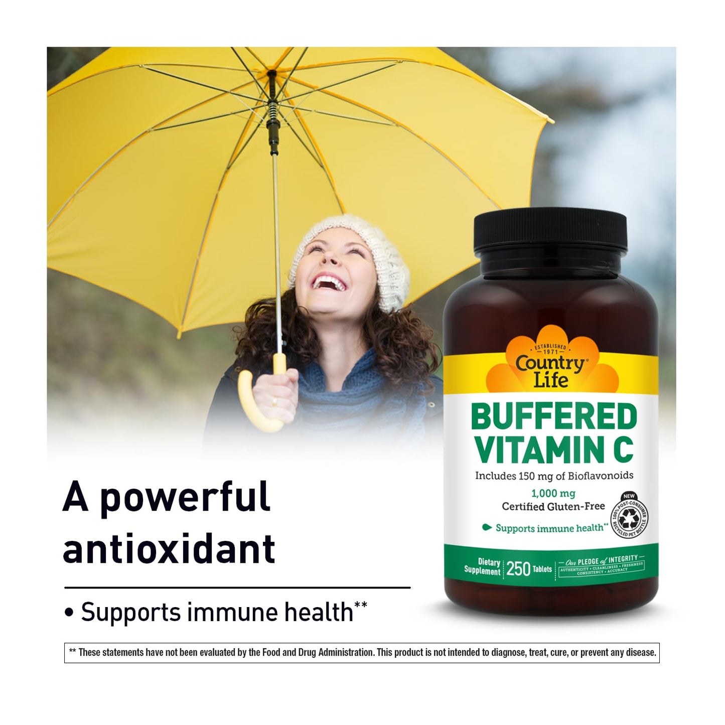 Country Life Buffered Vitamin C 1000mg with Bioflavonoids, Calcium, Magnesium, Potassium - Immune Support, Vegan Capsules, Gluten-Free, Gentle on Stomach, 250 Capsules