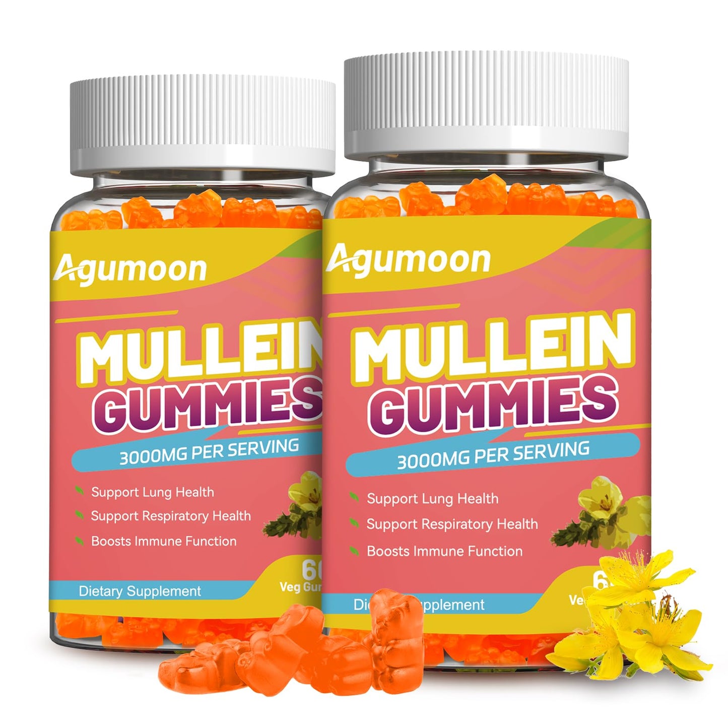 Agumoon Mullein Gummies, Extra Strength Mullein Leaf Extract with Quercetin & Bromelain, Mango Flavor, 120 Count
