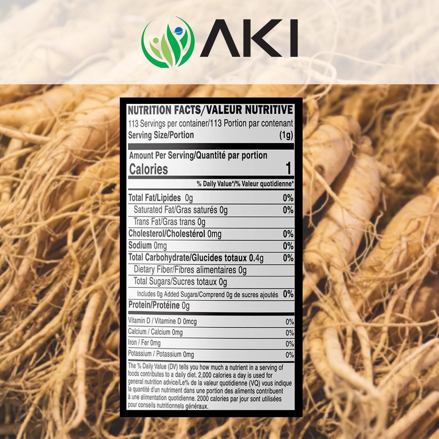 AKI ORGANIC American Ginseng Powder with 4% Ginsenosides, 4 oz