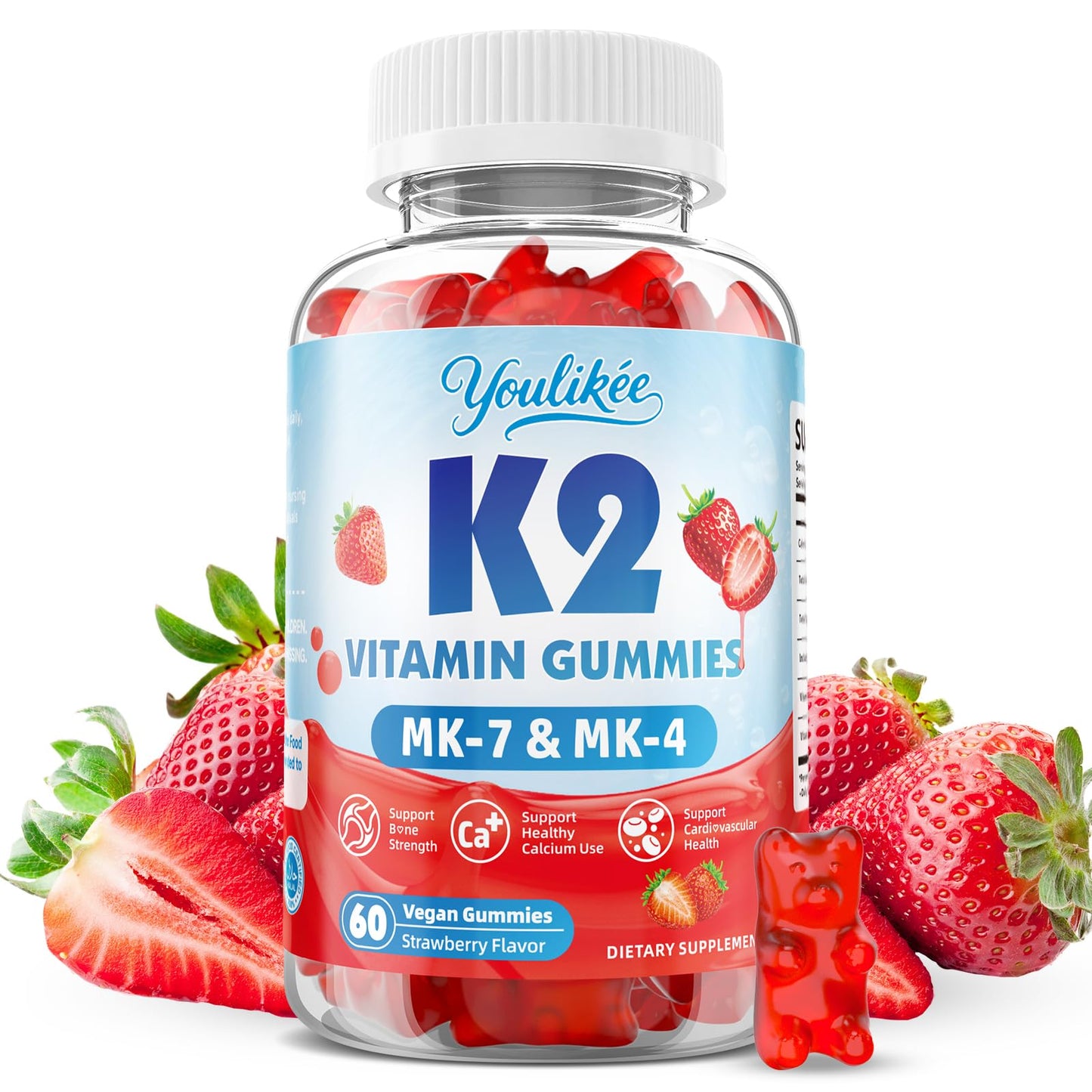 Youlikee Vitamin K2 Gummies Dual Formula Vitamin K2 Supplement with MK-7 & MK-4, 60 Gummies