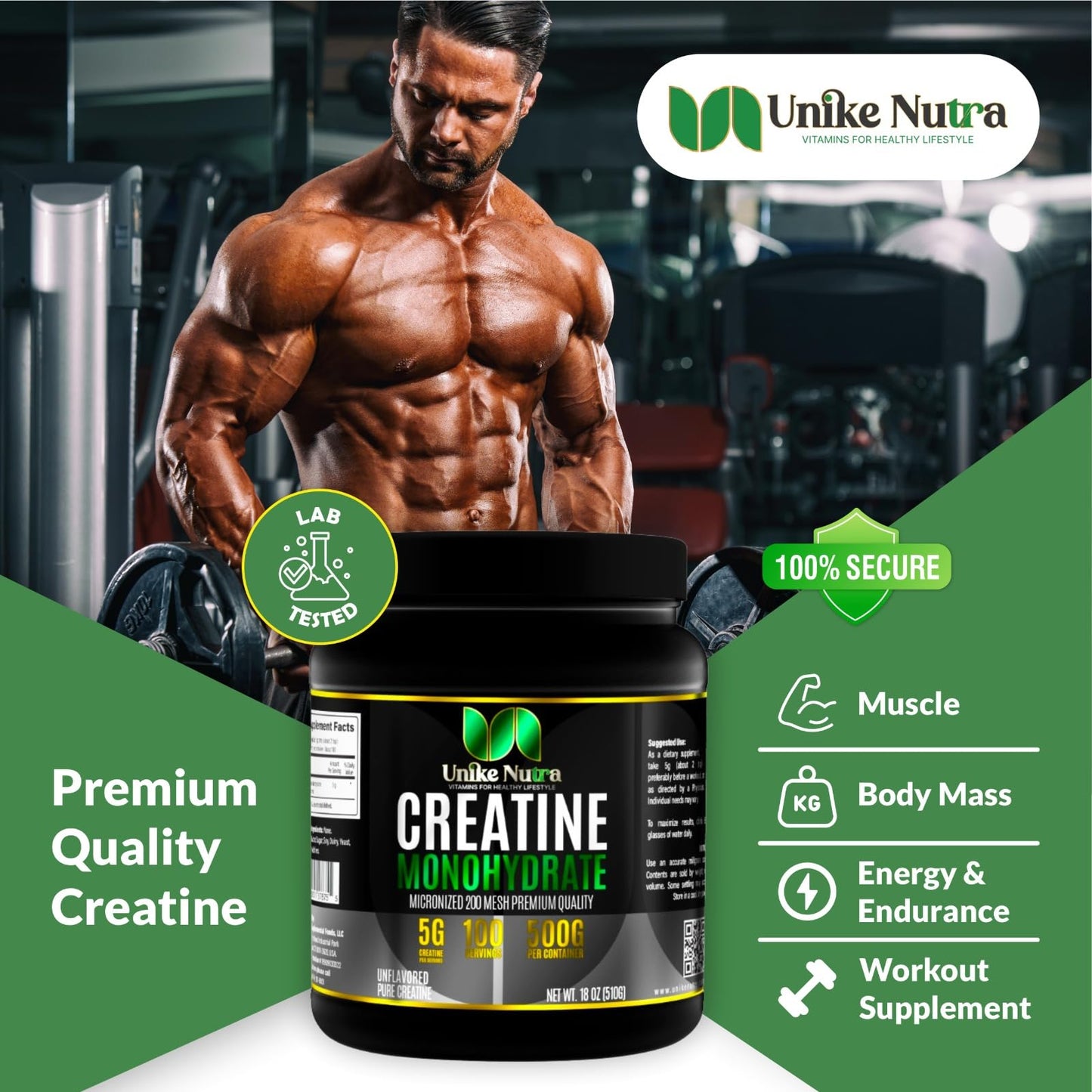 Unike Nutra Creatine Monohydrate Powder, 100 Servings